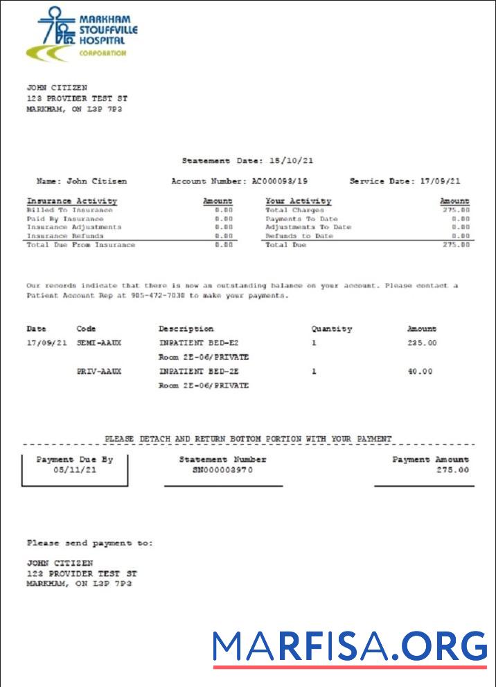 Realistic Canada Markham Stouffville Hospital medical insurance statement template in .doc and .pdf format